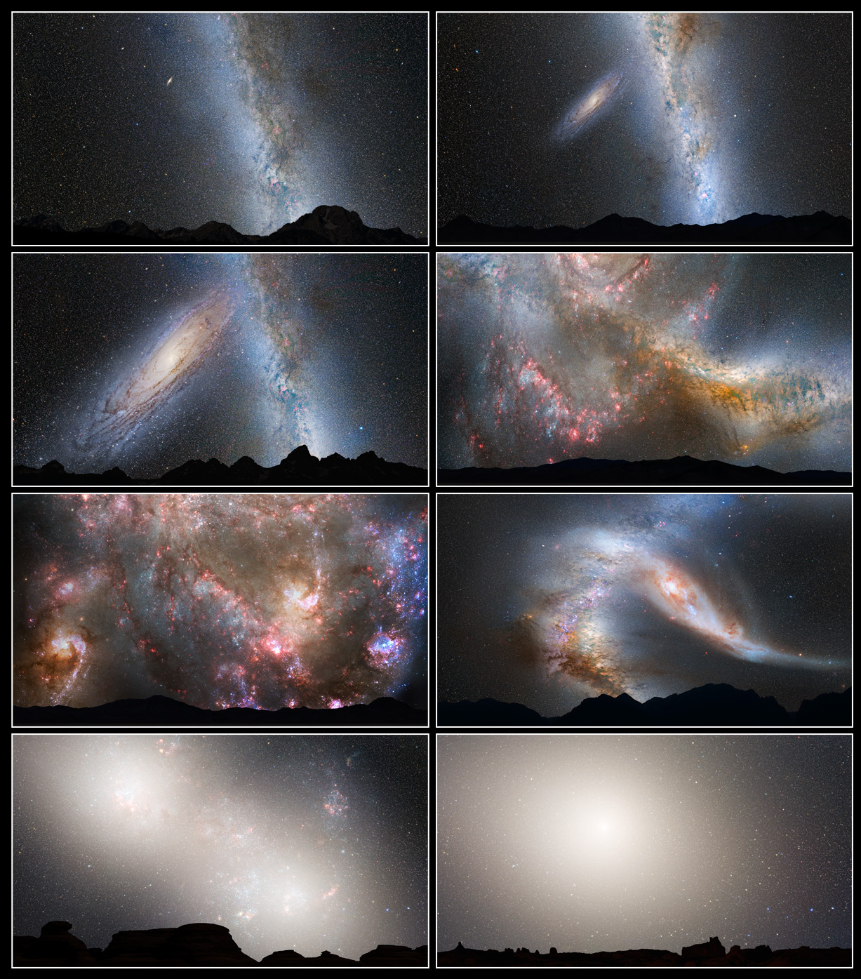 Simulated views of the night sky showing what the collision between the Milky Way and Andromeda would look like over time.