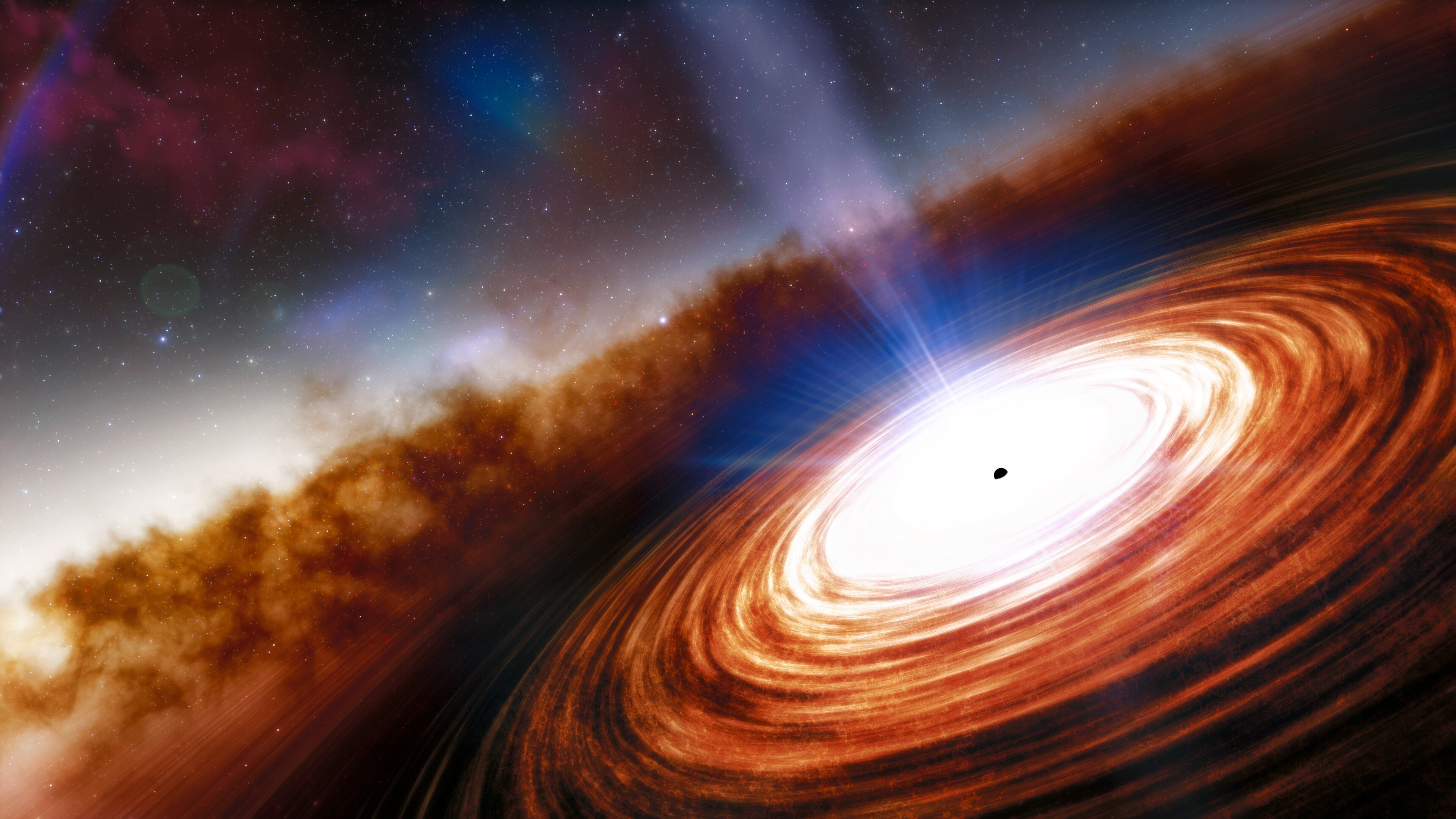 A visualization of a quasar. A black hole in the center is surrounding by a glowing, dusty disk, and a jet of material is being ejected out of the pole of the black hole.